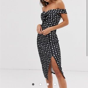ASOS DESIGN off shoulder knot detail spot pencil midi dress